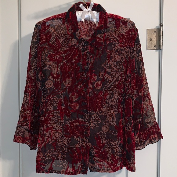 Velvet & Sheer 3/4 Sleeve Button-down Blouse, Dressy, Ruffle Cuff, Collar, Layer - Picture 2 of 7